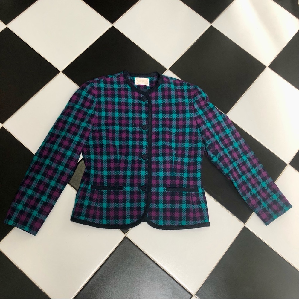 Vintage 80s Pendleton Plaid Cropped Blazer Wool Jacket Blue Purple Teal Black 8
